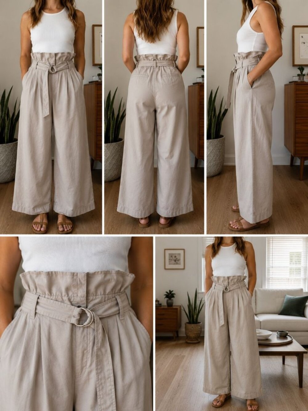 Monosuit Paperbag Wide Leg Pants Beige High Rise Belted Cotton Blend EU Made - Picture 9 of 9